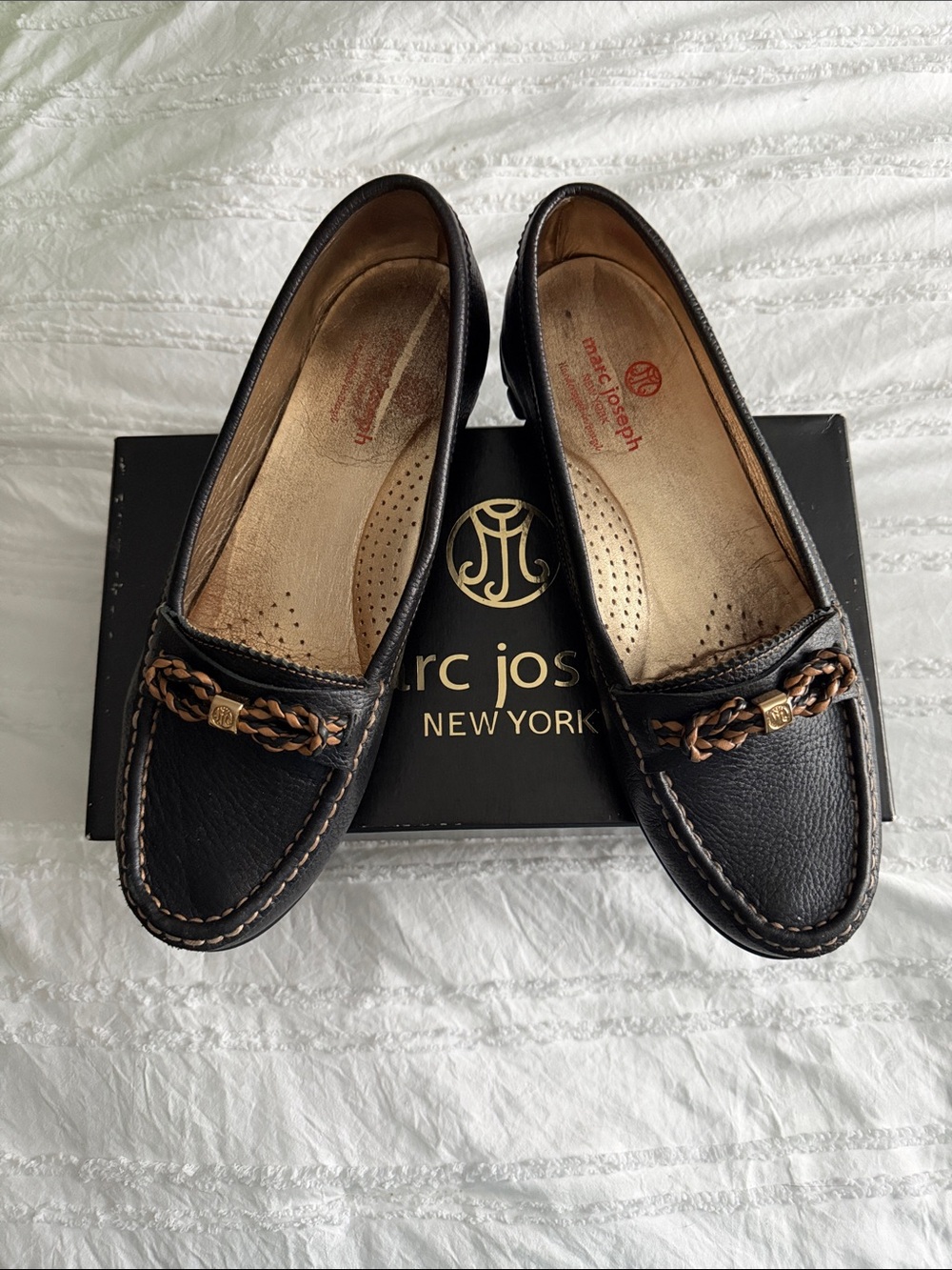 Marc Joseph Black Leather Braided Trim Loafers
